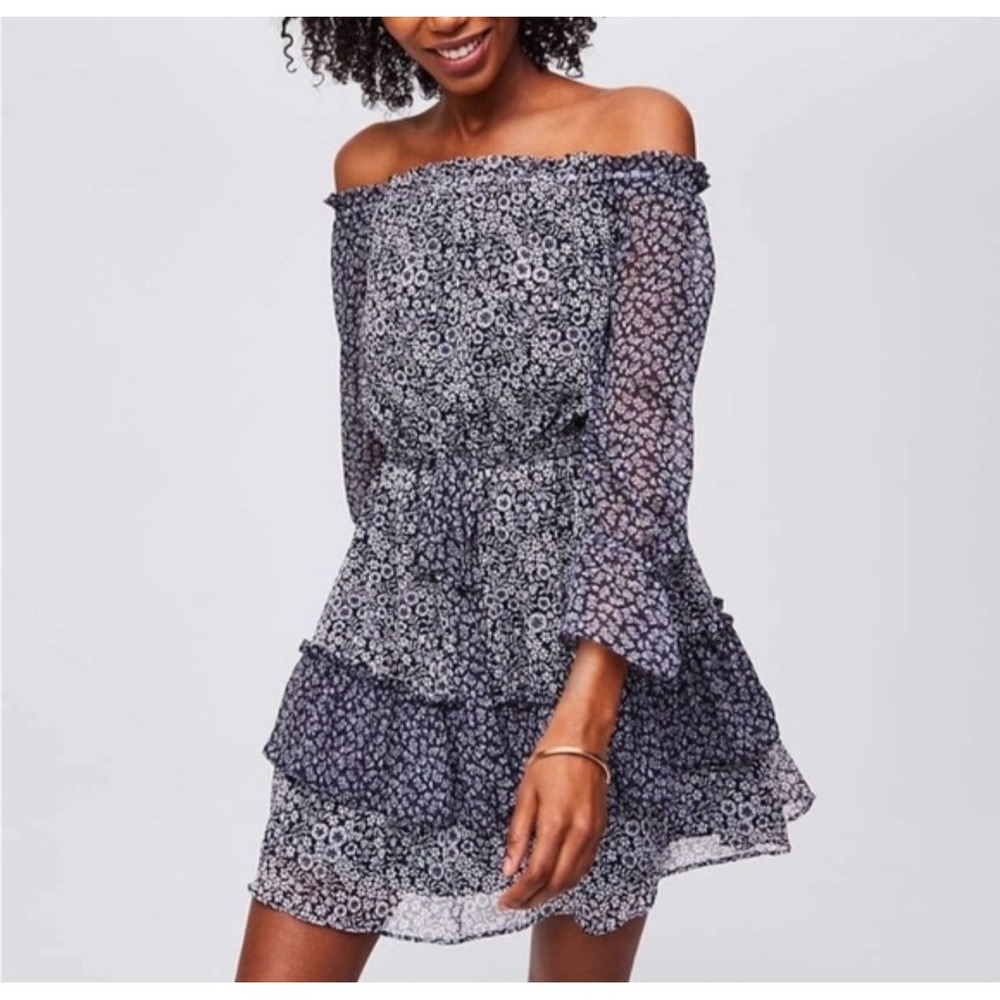 Loft Petites Navy Blue Floral Off The Shoulder Tiered Mini Dress SP